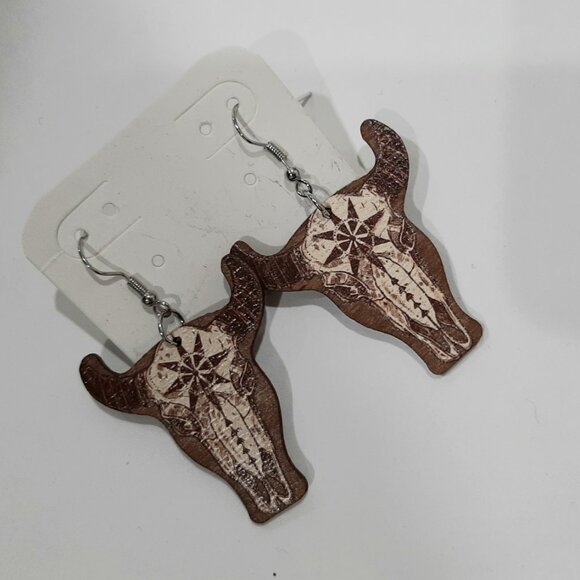 Cow skull wooden laser cut coastal cowgirl westerncore unique earrings - Picture 8 of 8